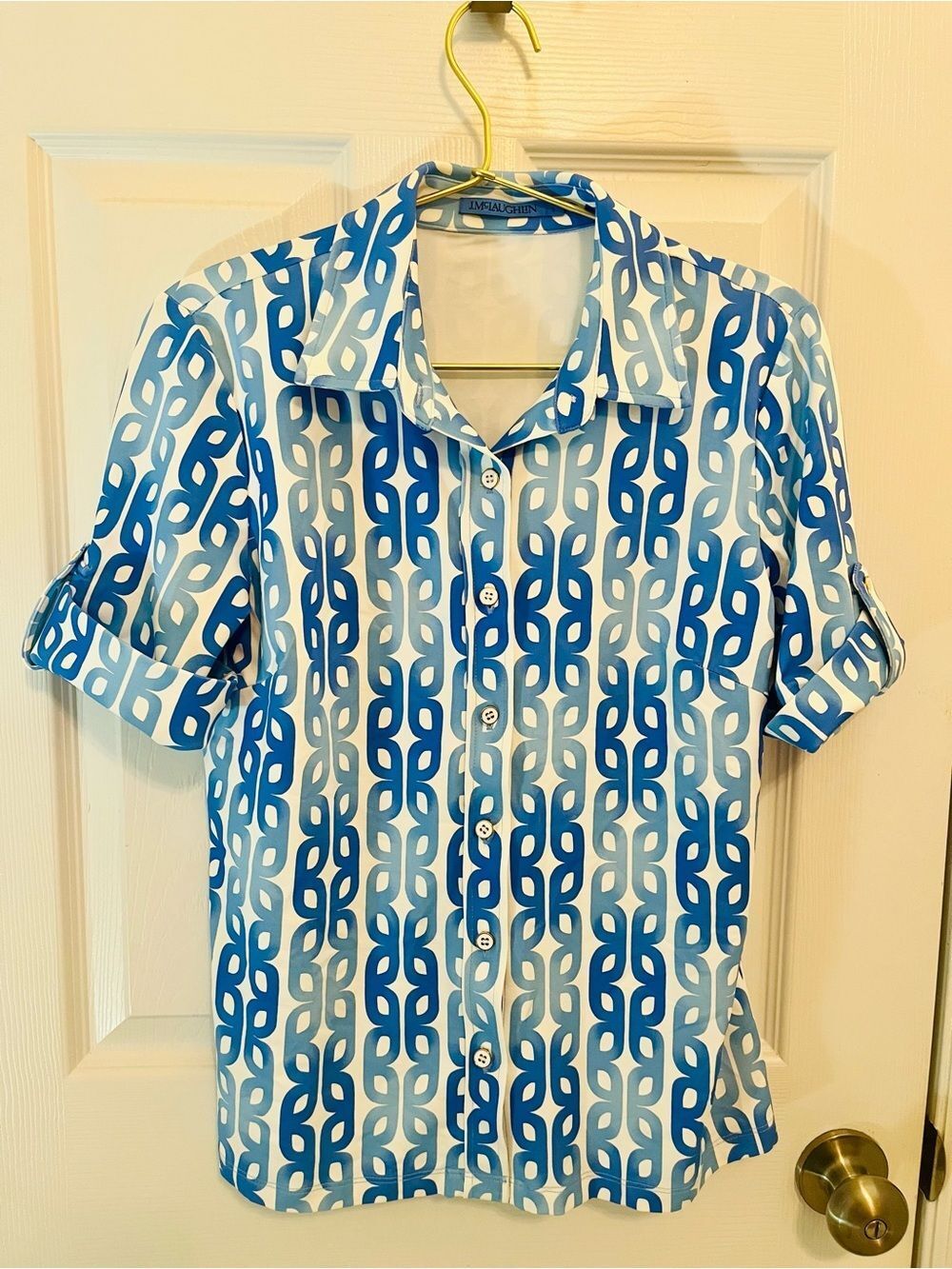 J.McLaughlin Blue & White Geometric Print Button Front Blouse - Picture 6 of 12